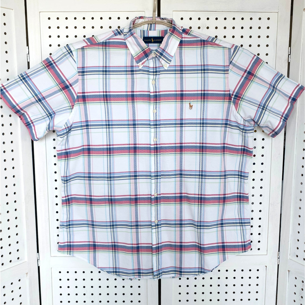 Ralph Lauren Mens SIZE XL Plaid White Multicolor Button Down Short Sleeve Shirt